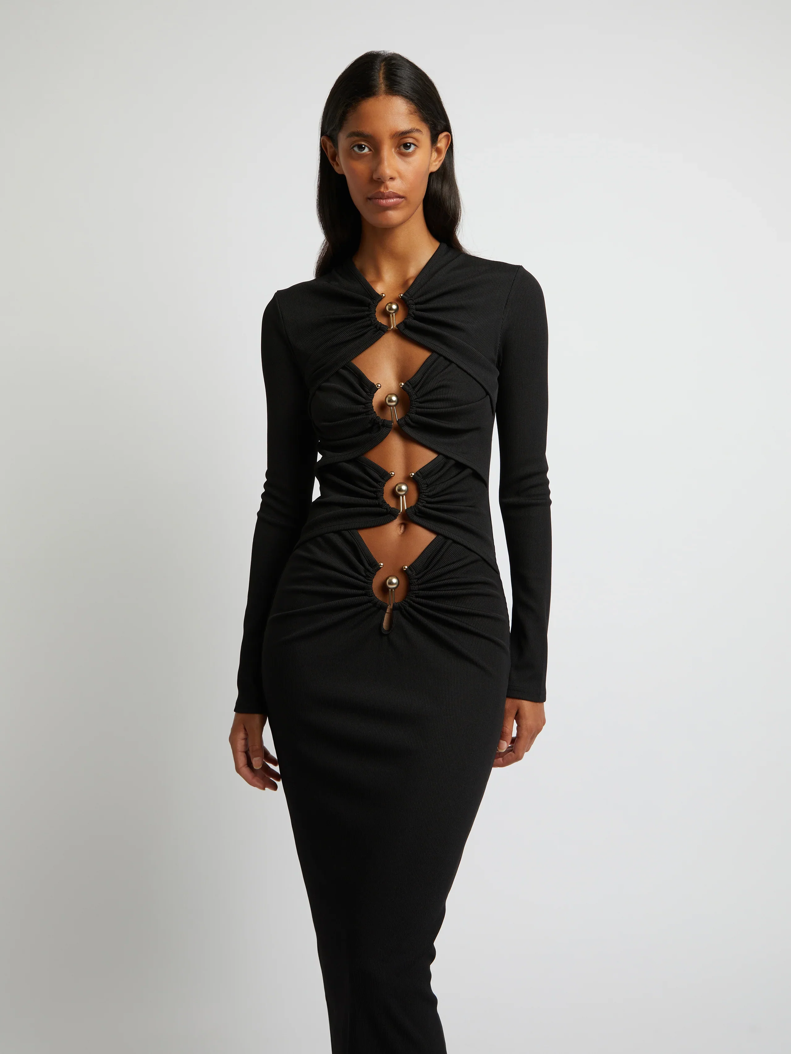 Orbit Ruched Long Sleeve Dress - Black - Image 3